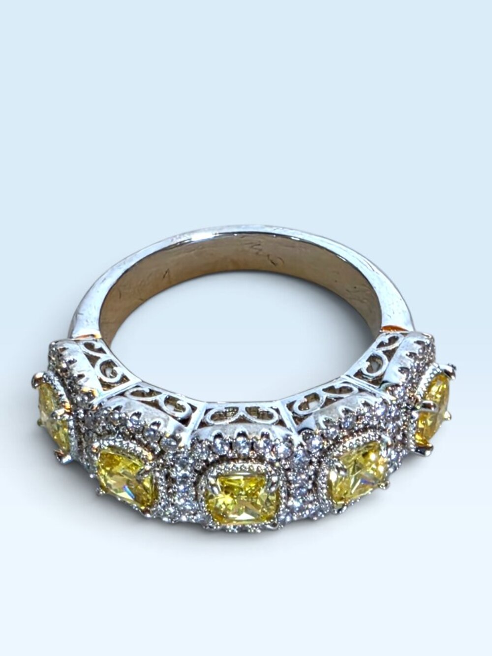 Vintage Half-Eternity Yellow & White CZ Pavé 925 Silver Statement Ring